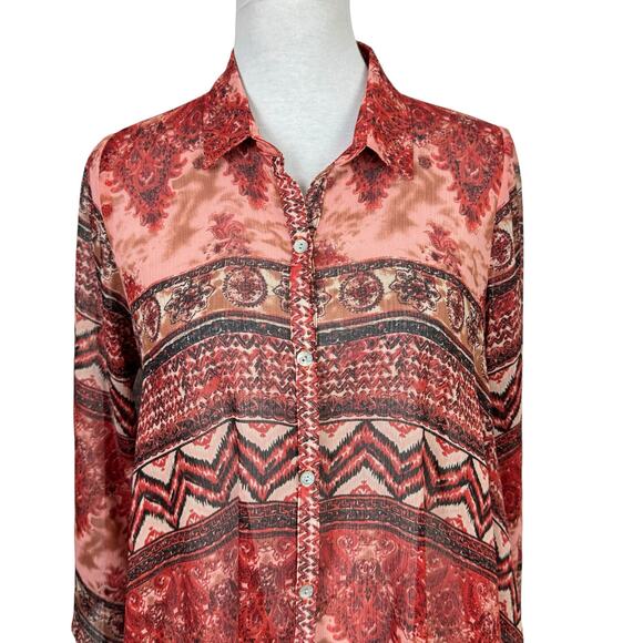 Uncle Frank Red Mixed Print Sheer Chiffon Button Down Asymmetrical Tunic Dress - Picture 3 of 8